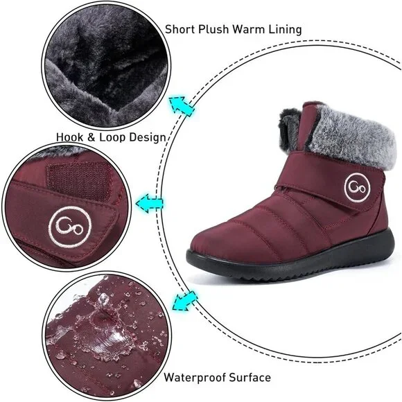 Women’s Wine Red Winter Snow Boots Warm Waterproof Fur Lined Slip-Ons